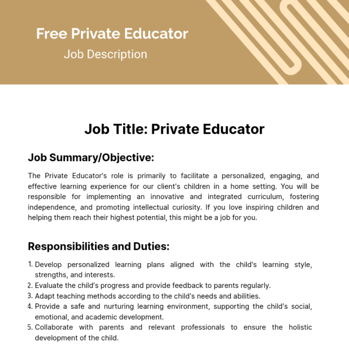 Private Educator Job Description Template - Edit Online & Download