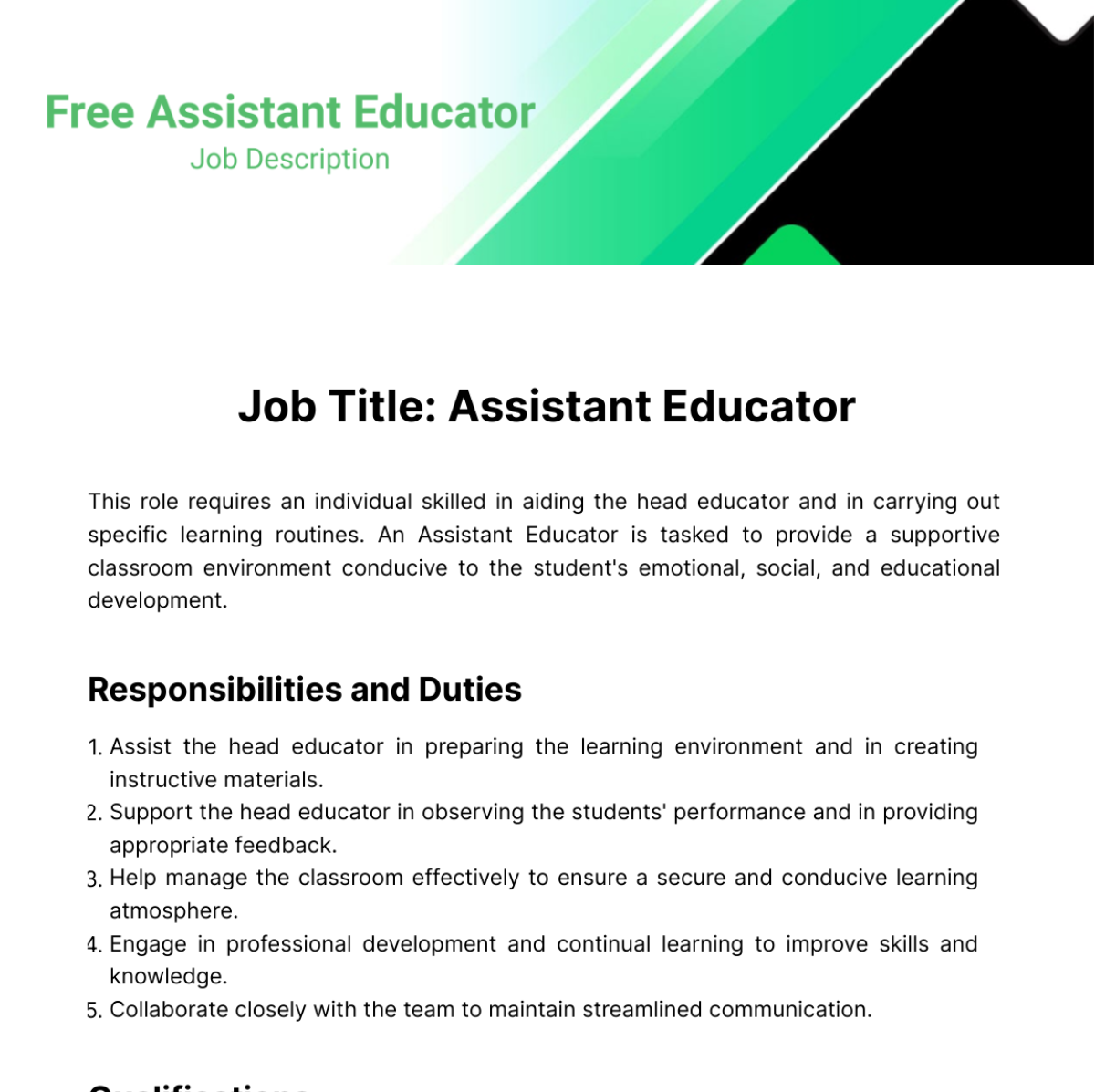 Assistant Educator Job Description Template