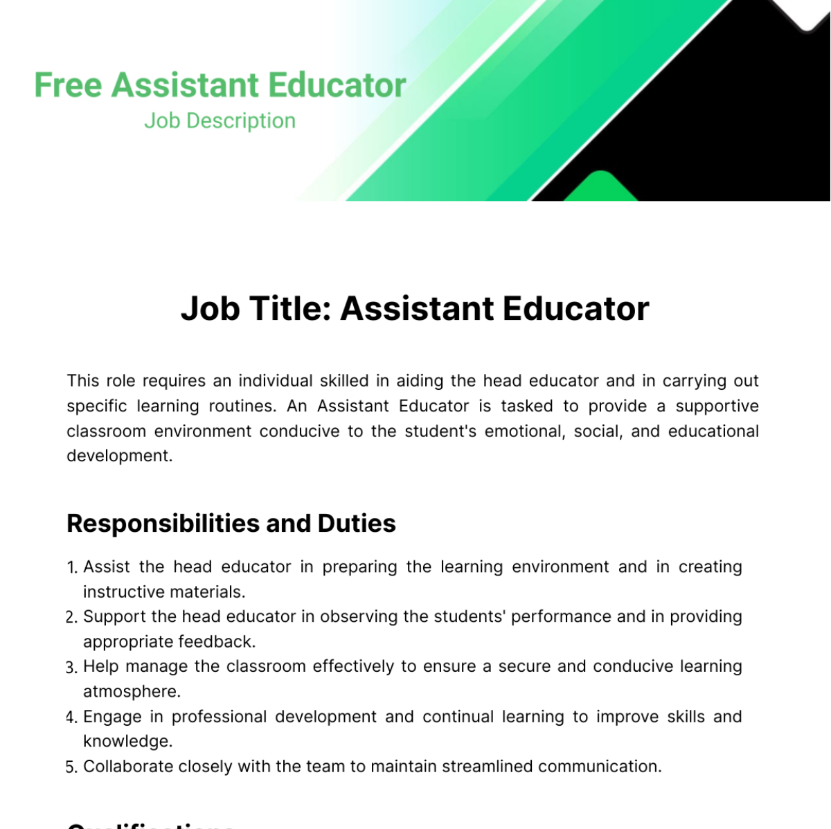 Assistant Educator Job Description Template - Edit Online & Download