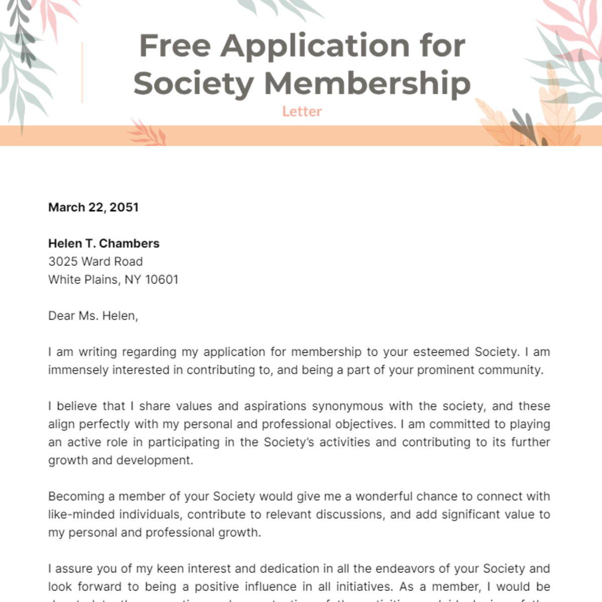 Application Letter for Society Membership Template