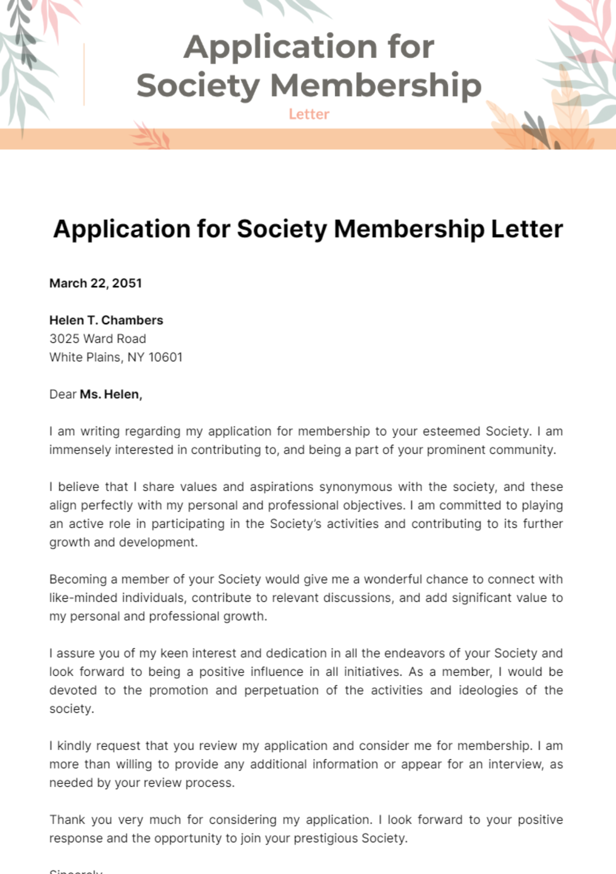 Free Application Letter for Society Membership Template