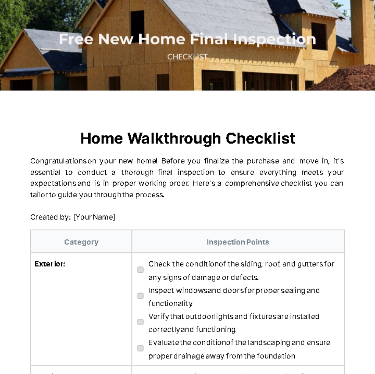 New Home Final Inspection Checklist Template