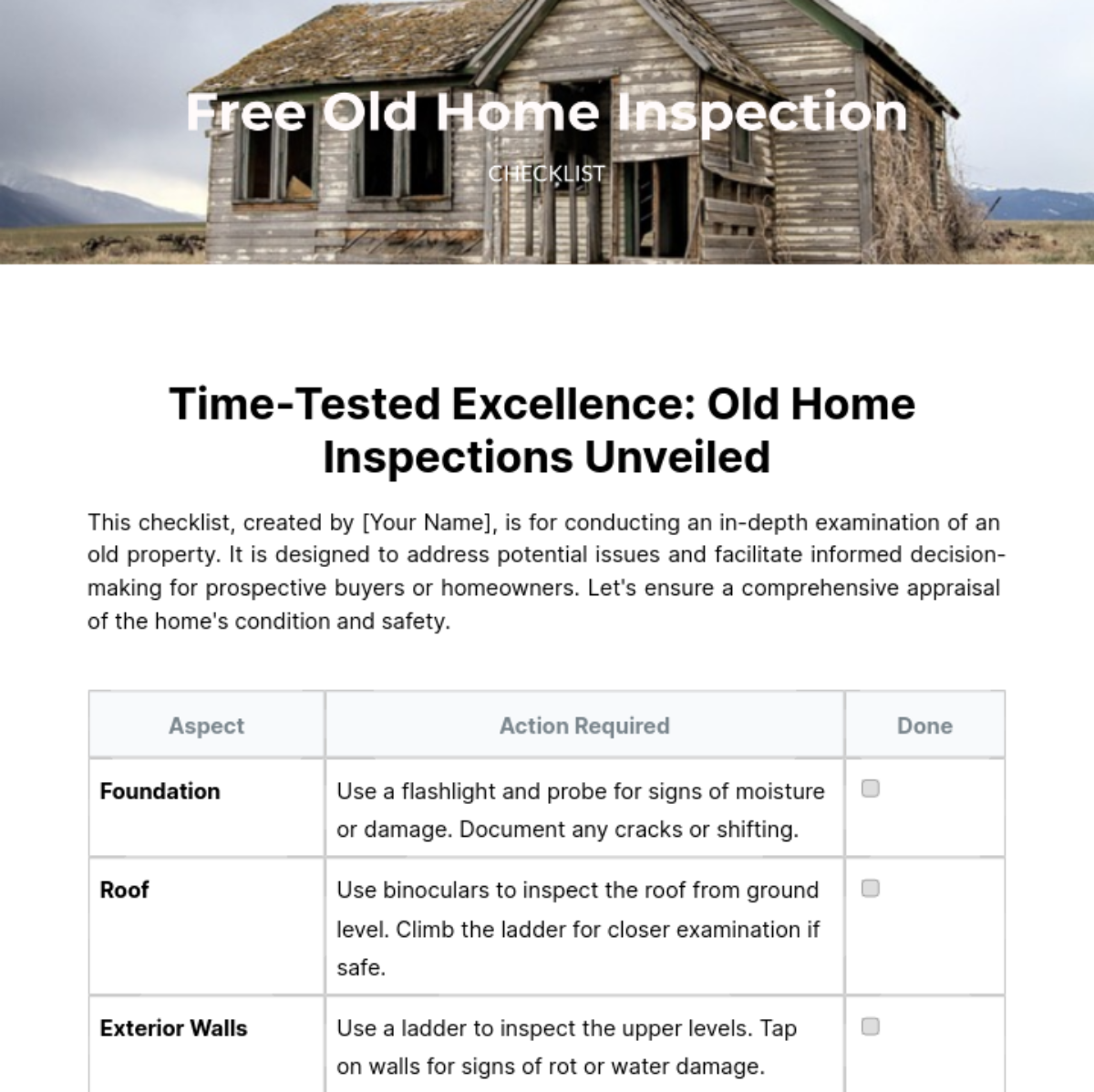 Old Home Inspection Checklist Template