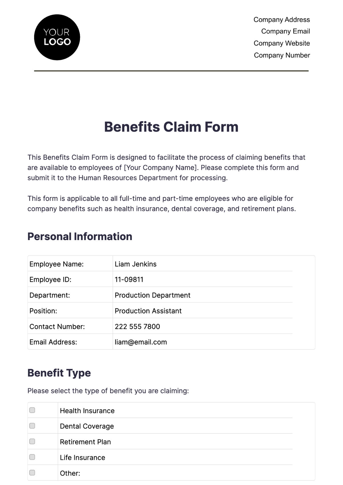 Benefits Claim Form HR Template - Edit Online & Download