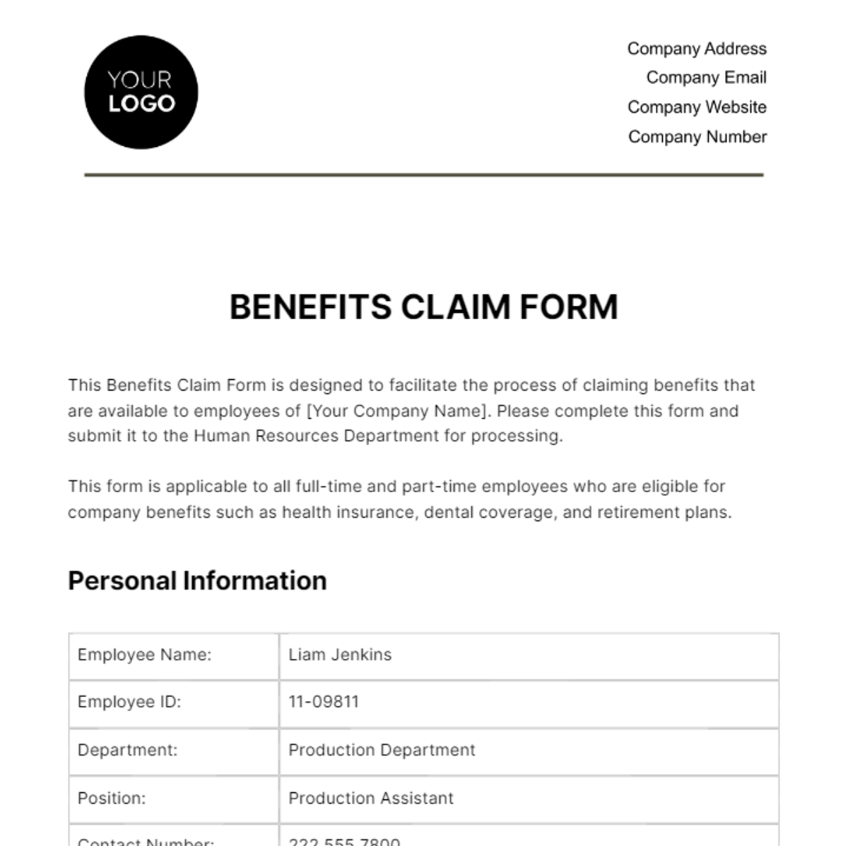 Benefits Claim Form HR Template