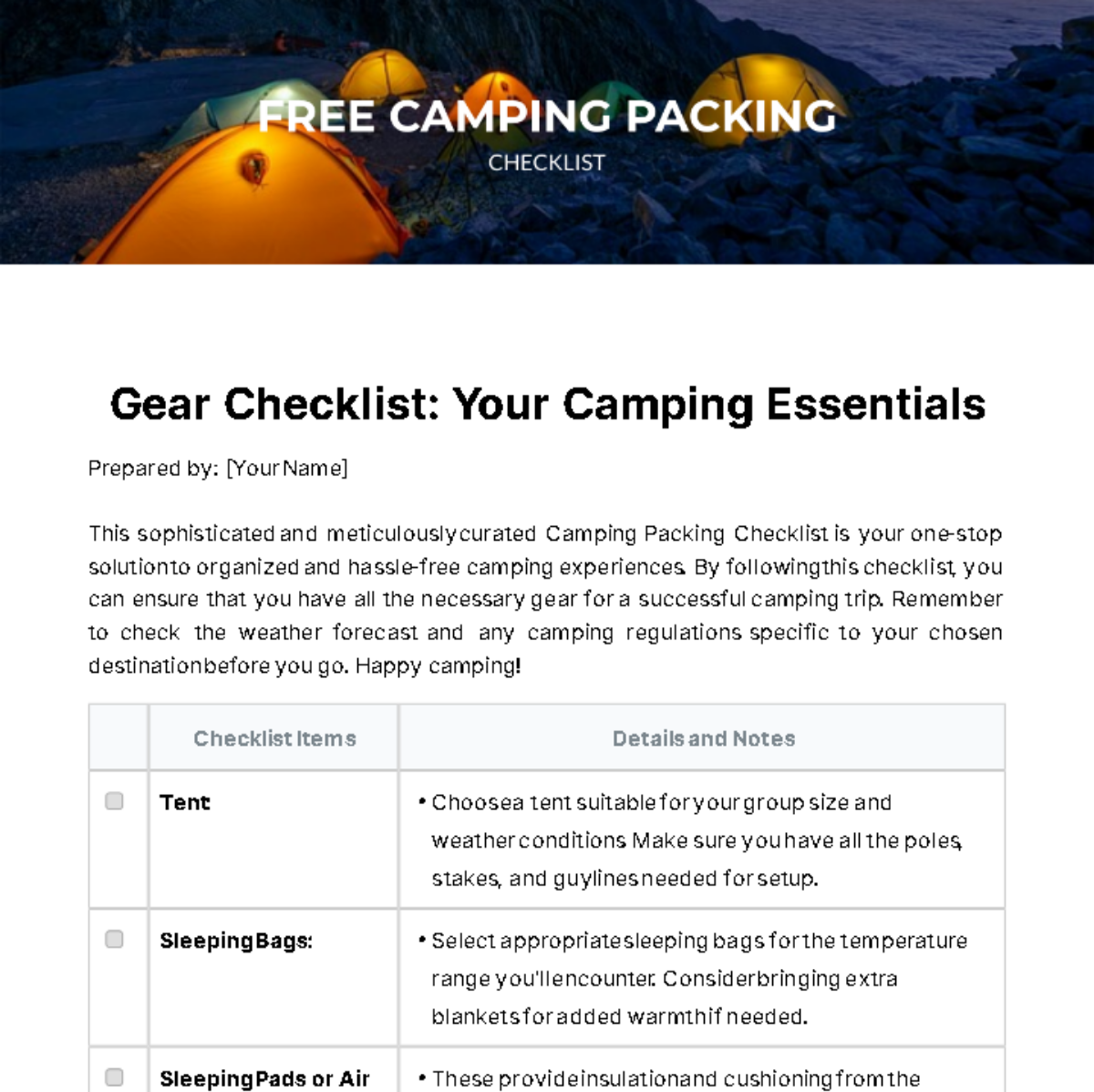 Camping Packing Checklist Template