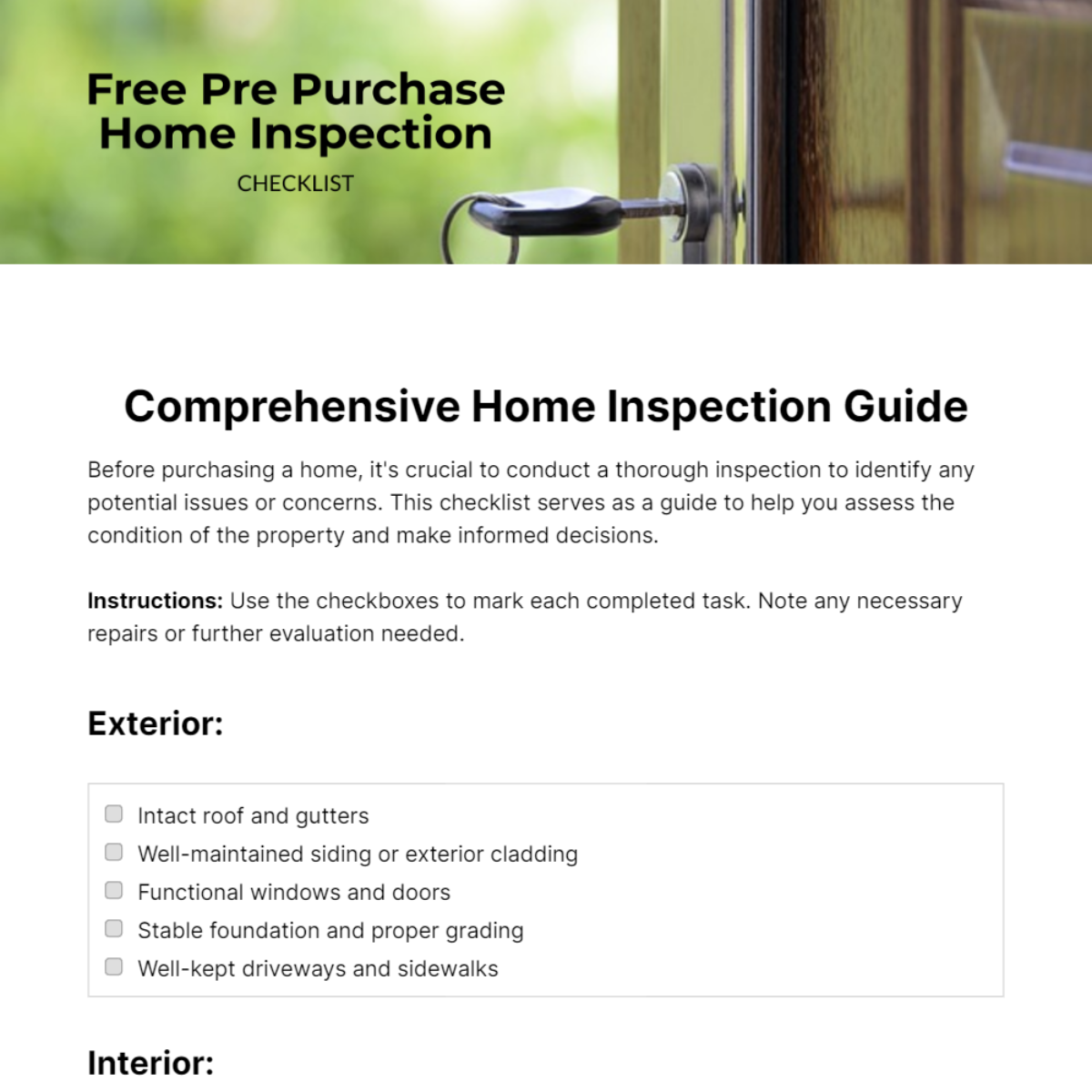 Pre Purchase Home Inspection Checklist Template