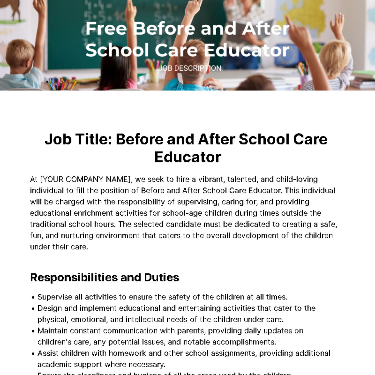 Before and After School Care Educator Job Description Template