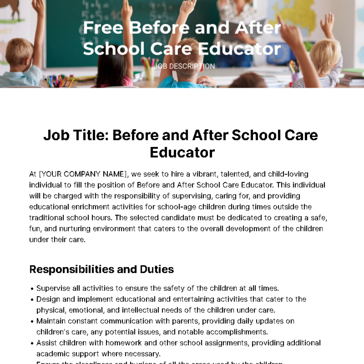 Before and After School Care Educator Job Description Template - Edit Online & Download