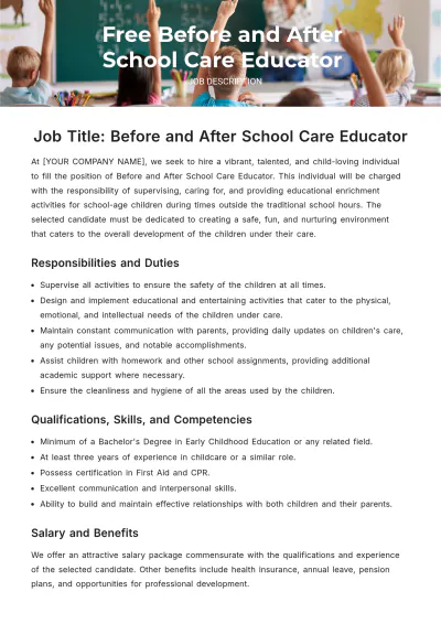 Free Before and After School Care Educator Job Description Template to Edit Online