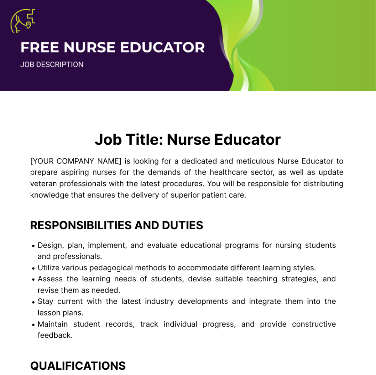 Nurse Educator Job Description Template - Edit Online & Download