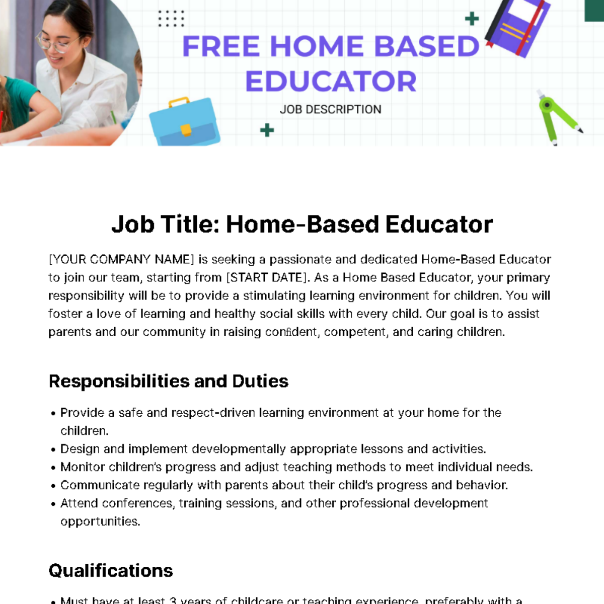 Home Based Educator Job Description Template