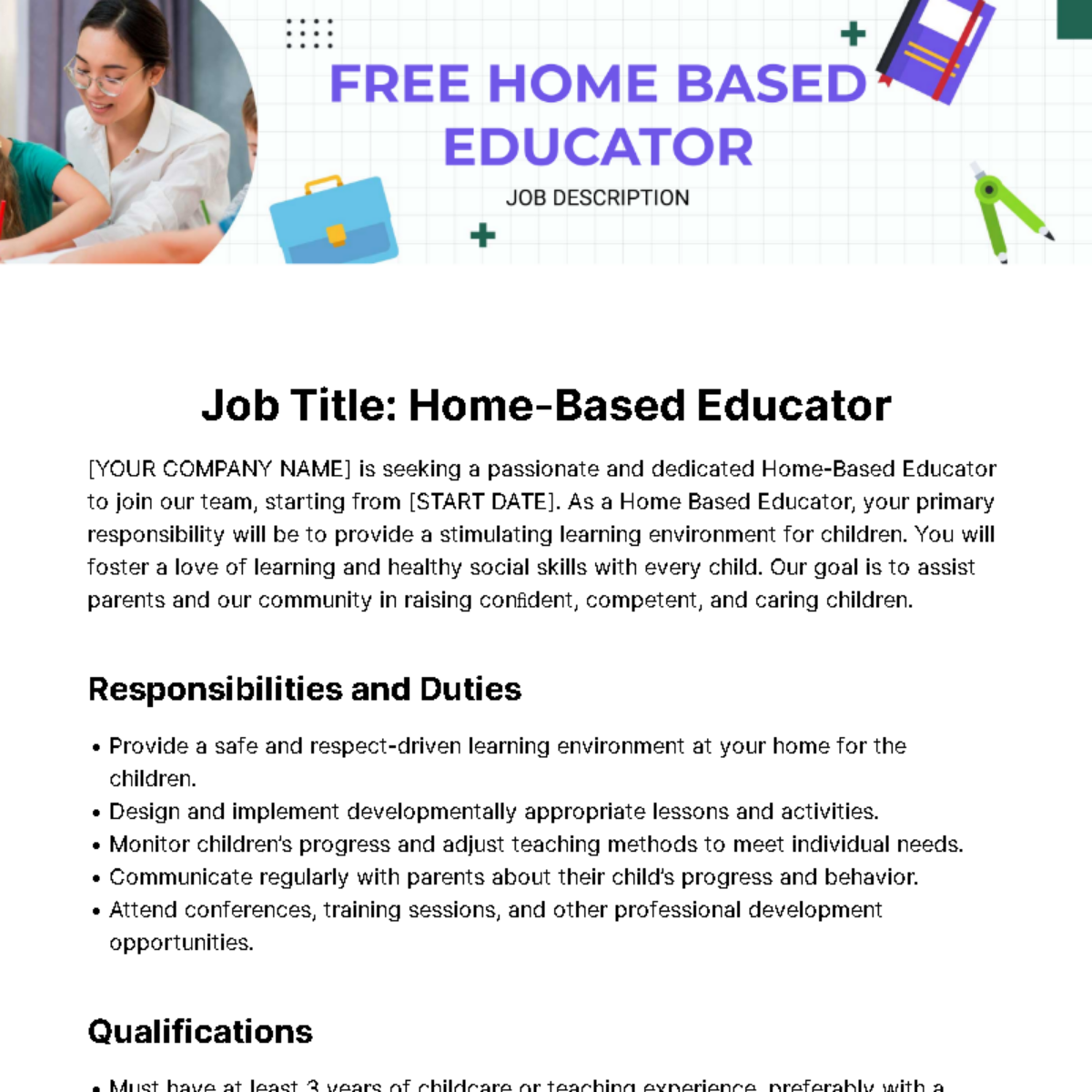 Home Based Educator Job Description Template - Edit Online & Download