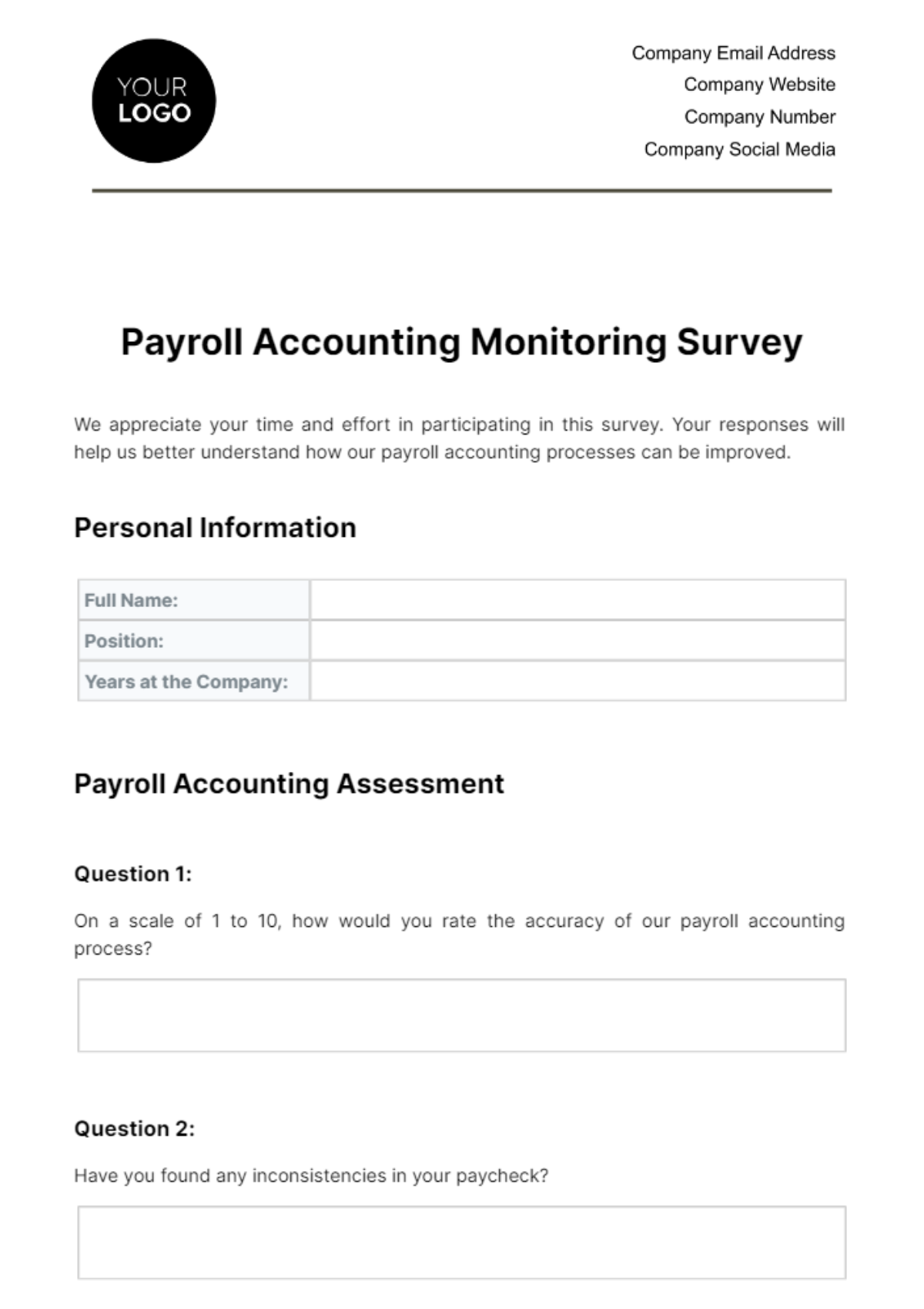 Free Payroll Accounting Monitoring Survey Template