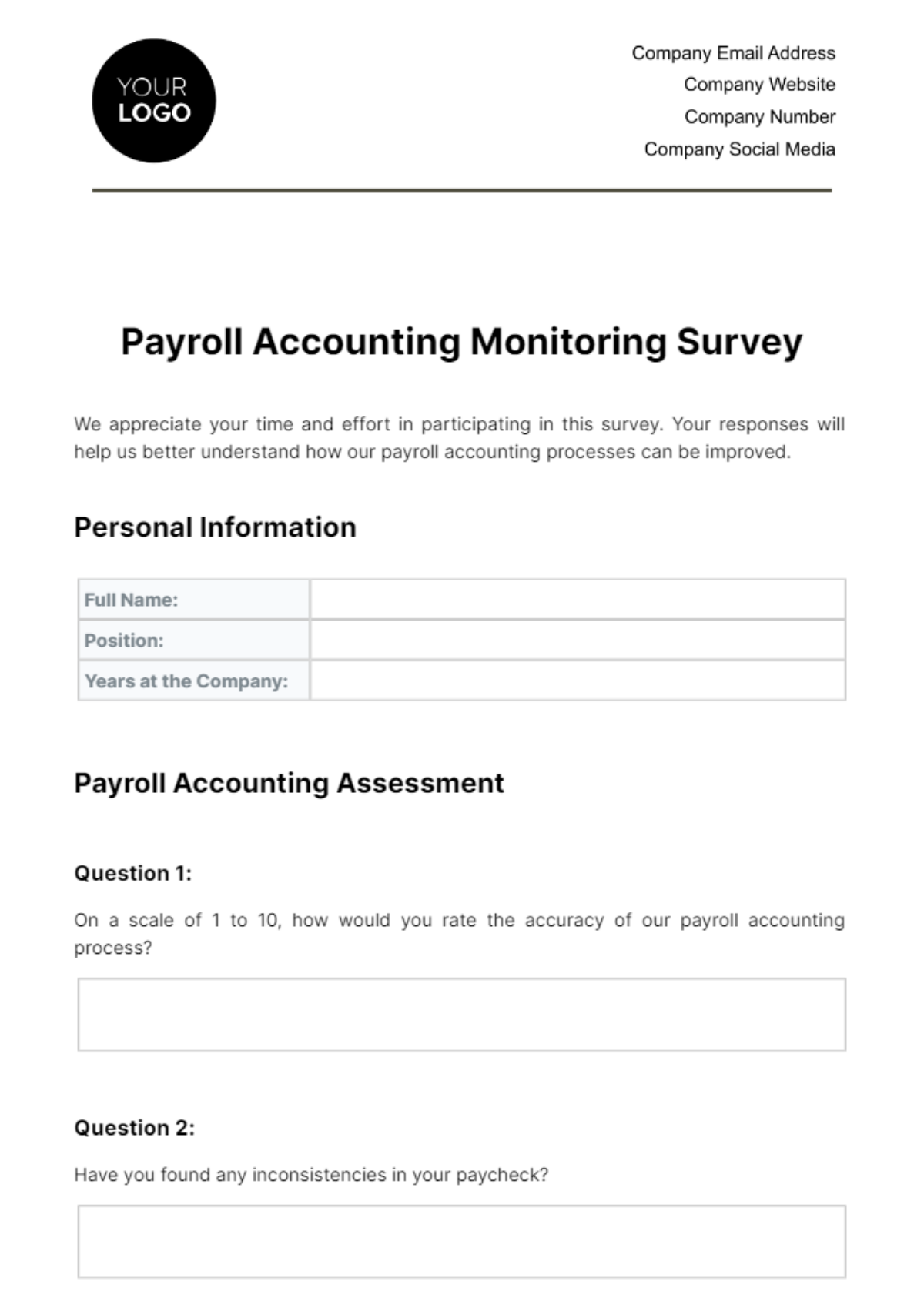 Payroll Accounting Monitoring Survey Template - Edit Online & Download