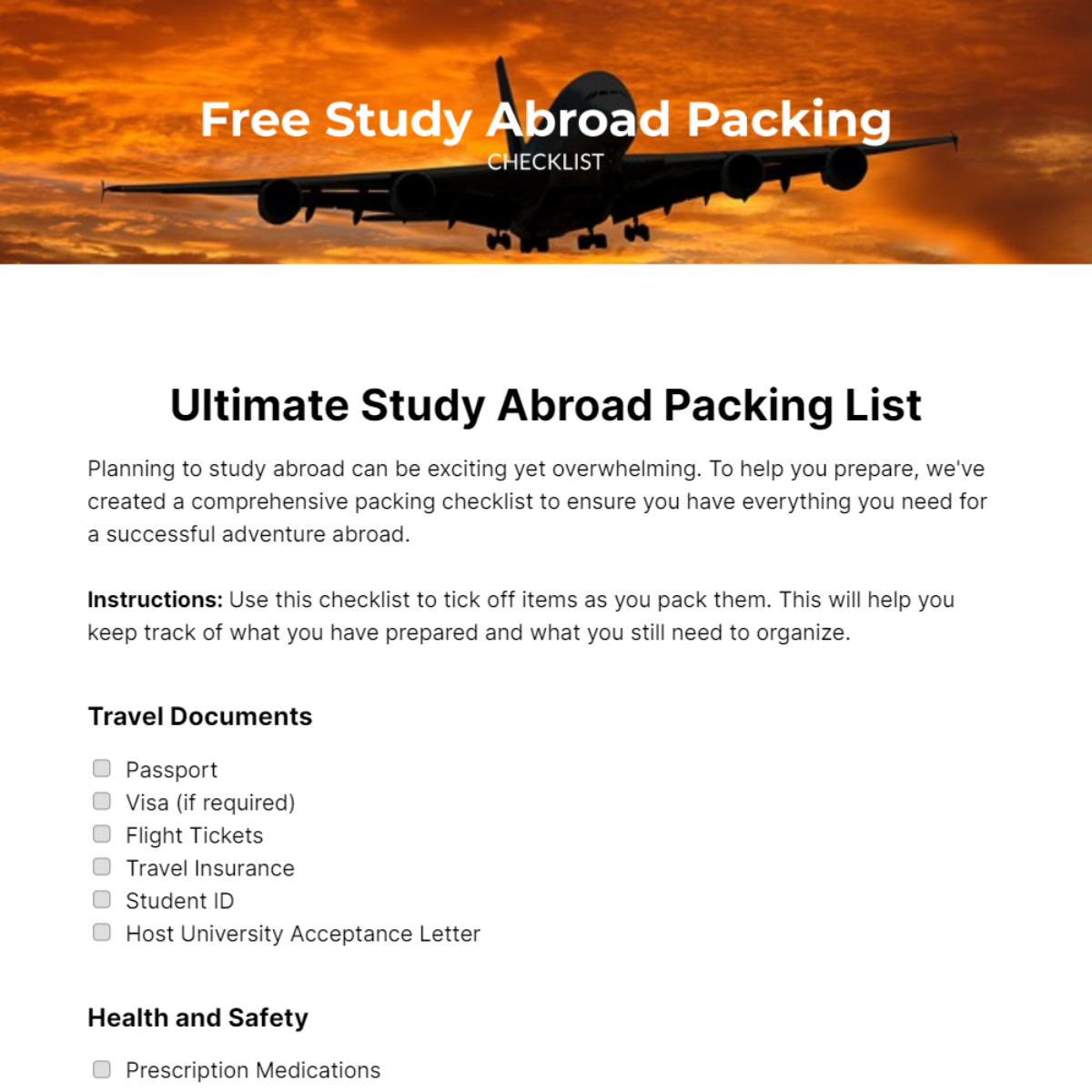 Study Abroad Packing Checklist Template