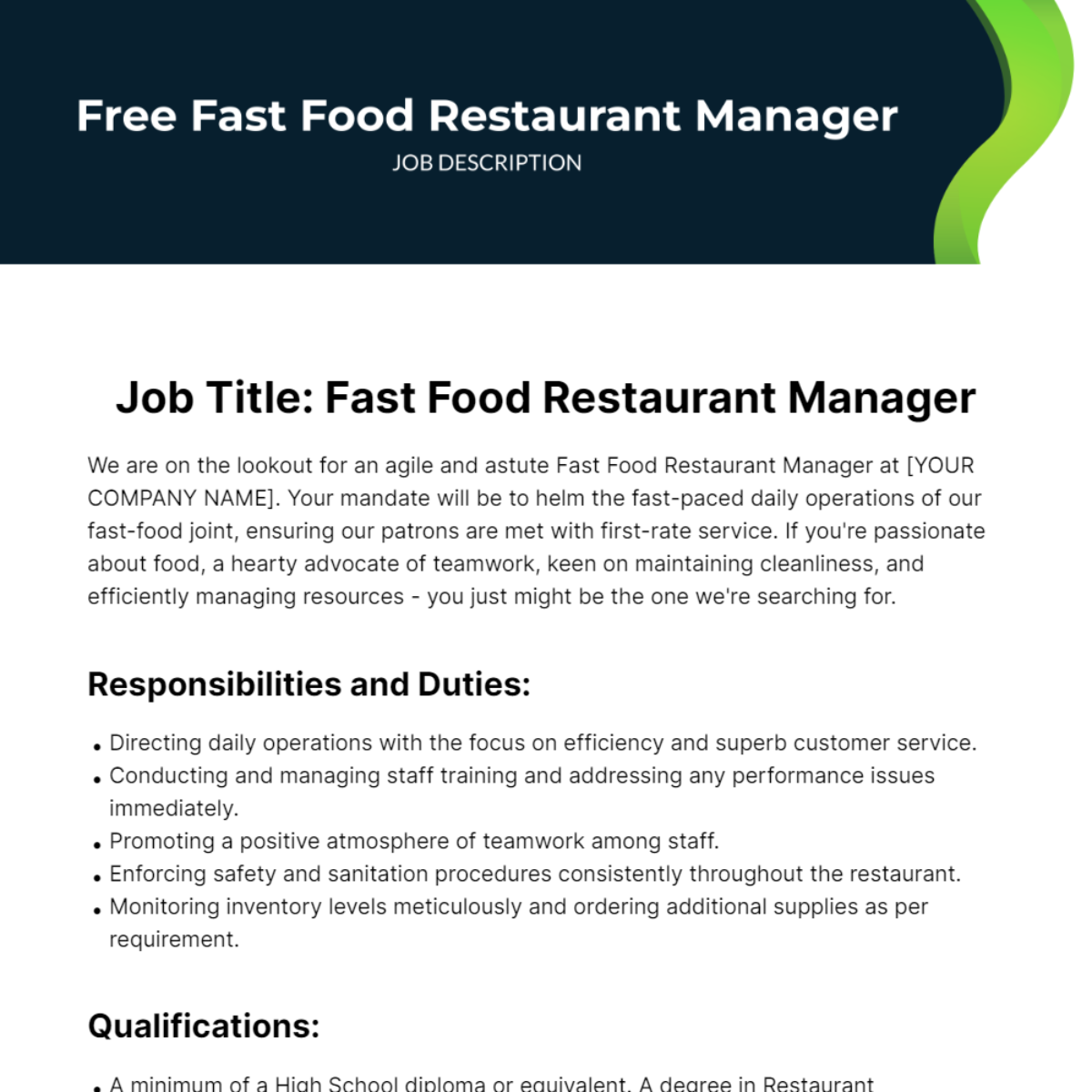 Fast Food Restaurant Manager Job Description Template