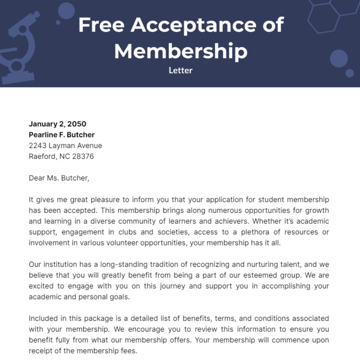 Acceptance of Membership Letter Template