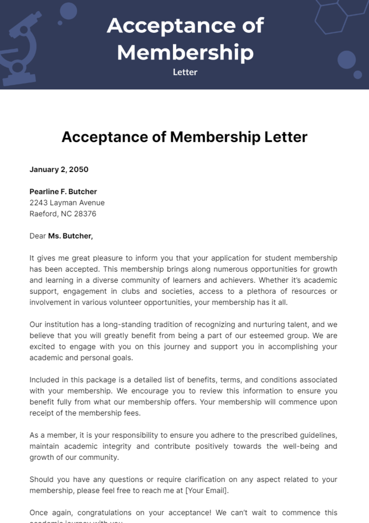 Free Acceptance of Membership Letter Template