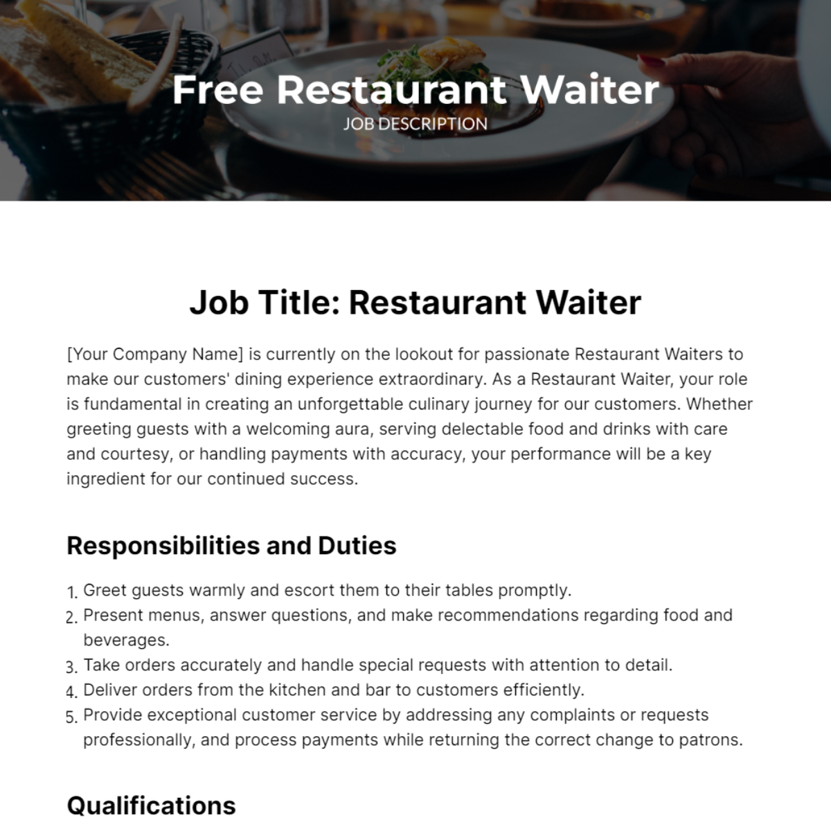Restaurant Waiter Job Description Template