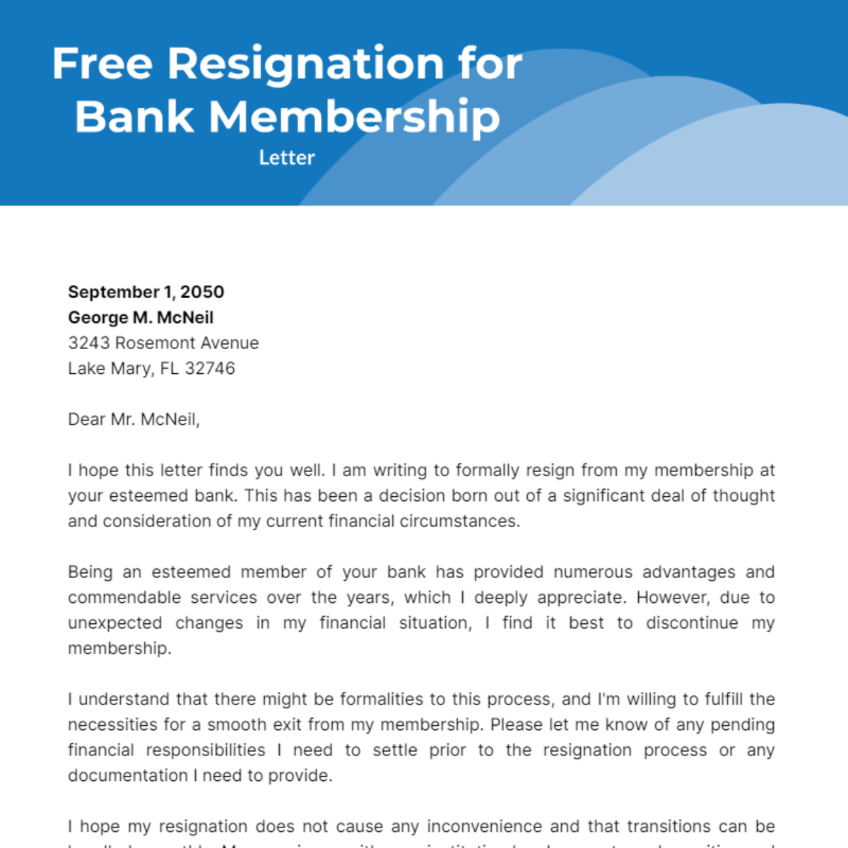 Resignation Letter for Bank Membership Template