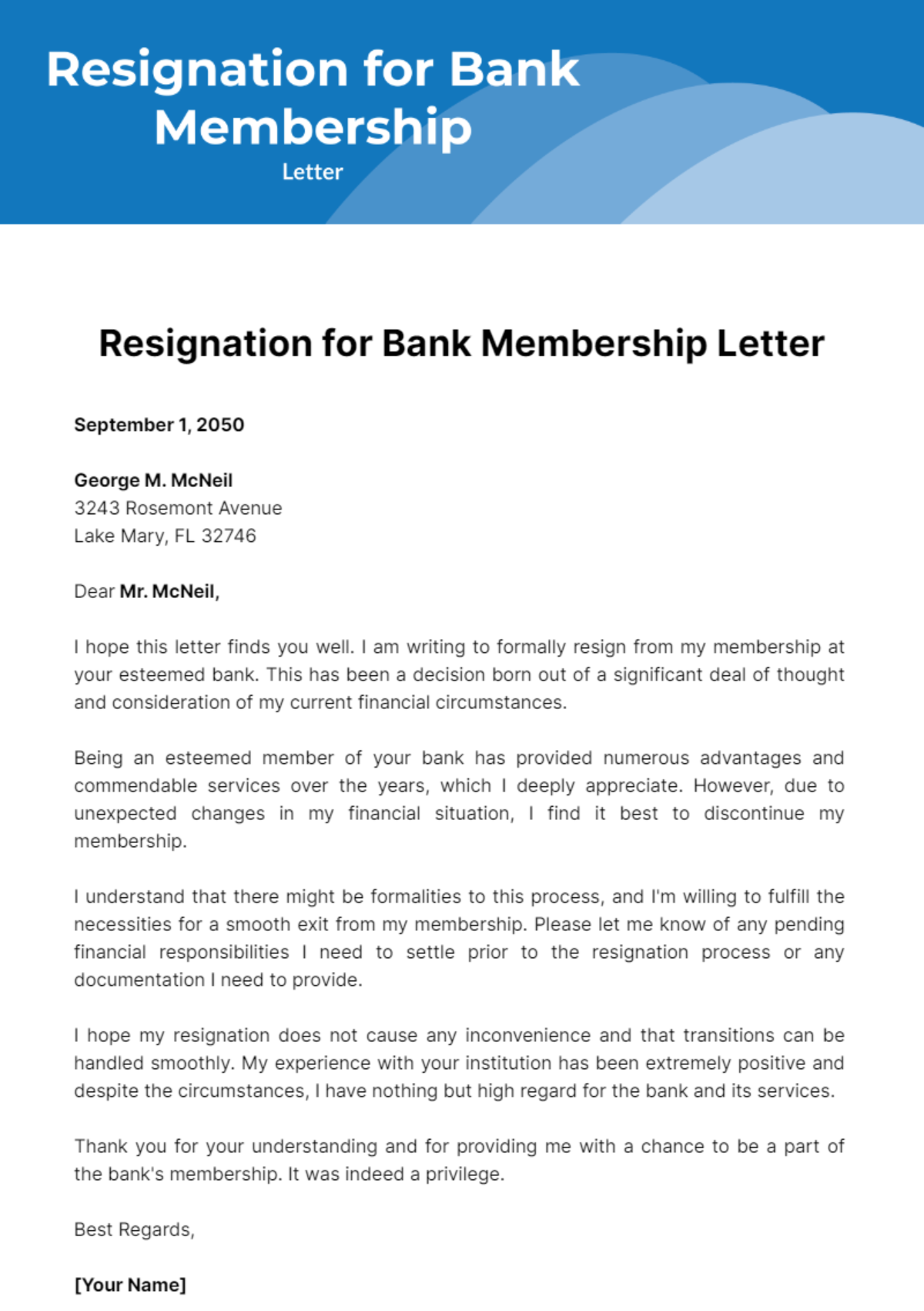 Free Resignation Letter for Bank Membership Template