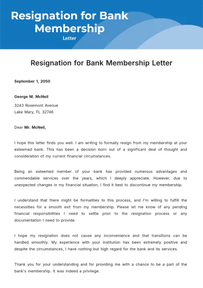 Free Resignation Letter for Bank Membership Template to Edit Online