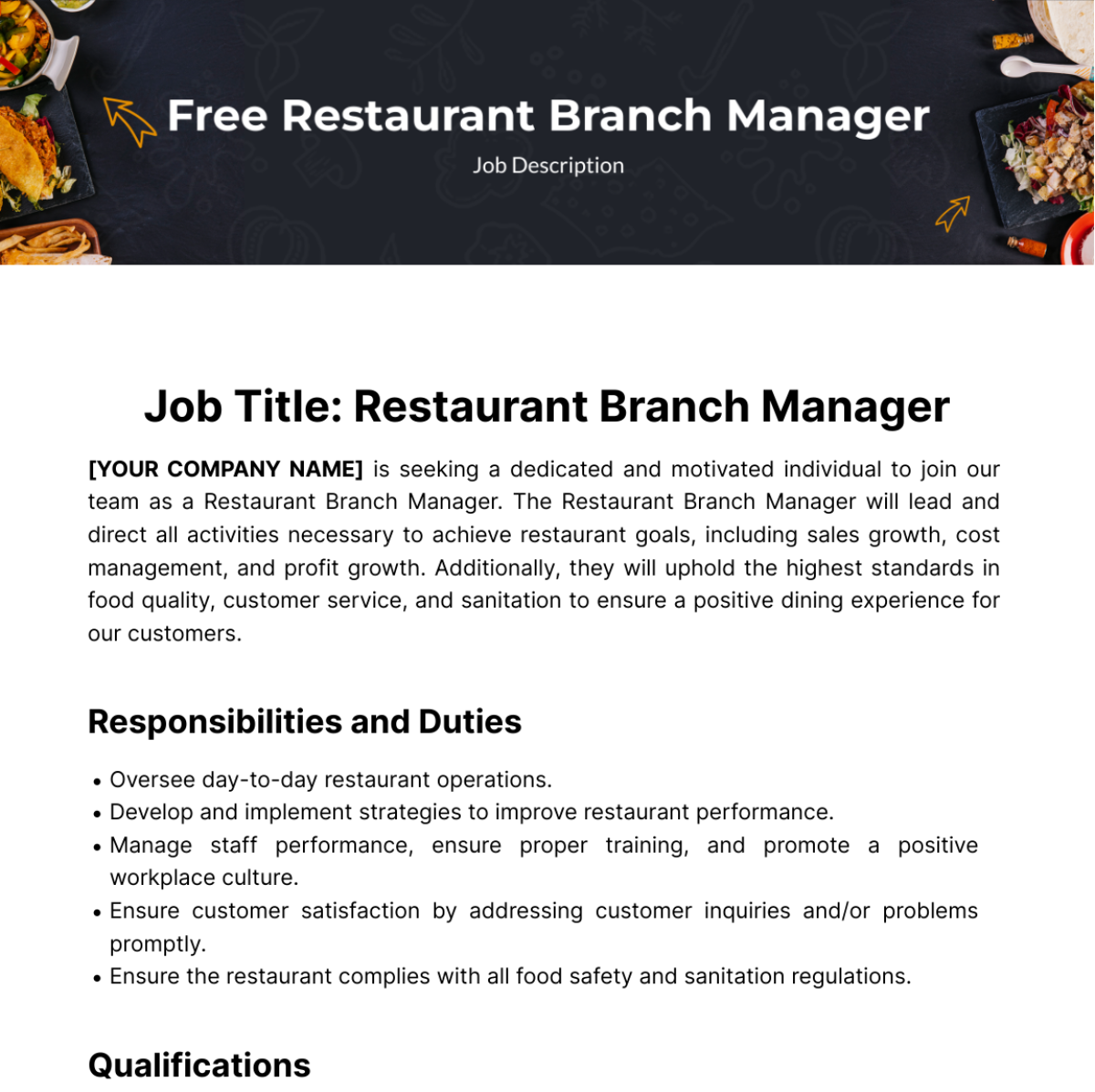 Restaurant Branch Manager Job Description Template