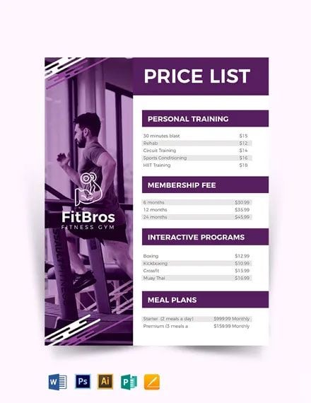 Gym Price List Template