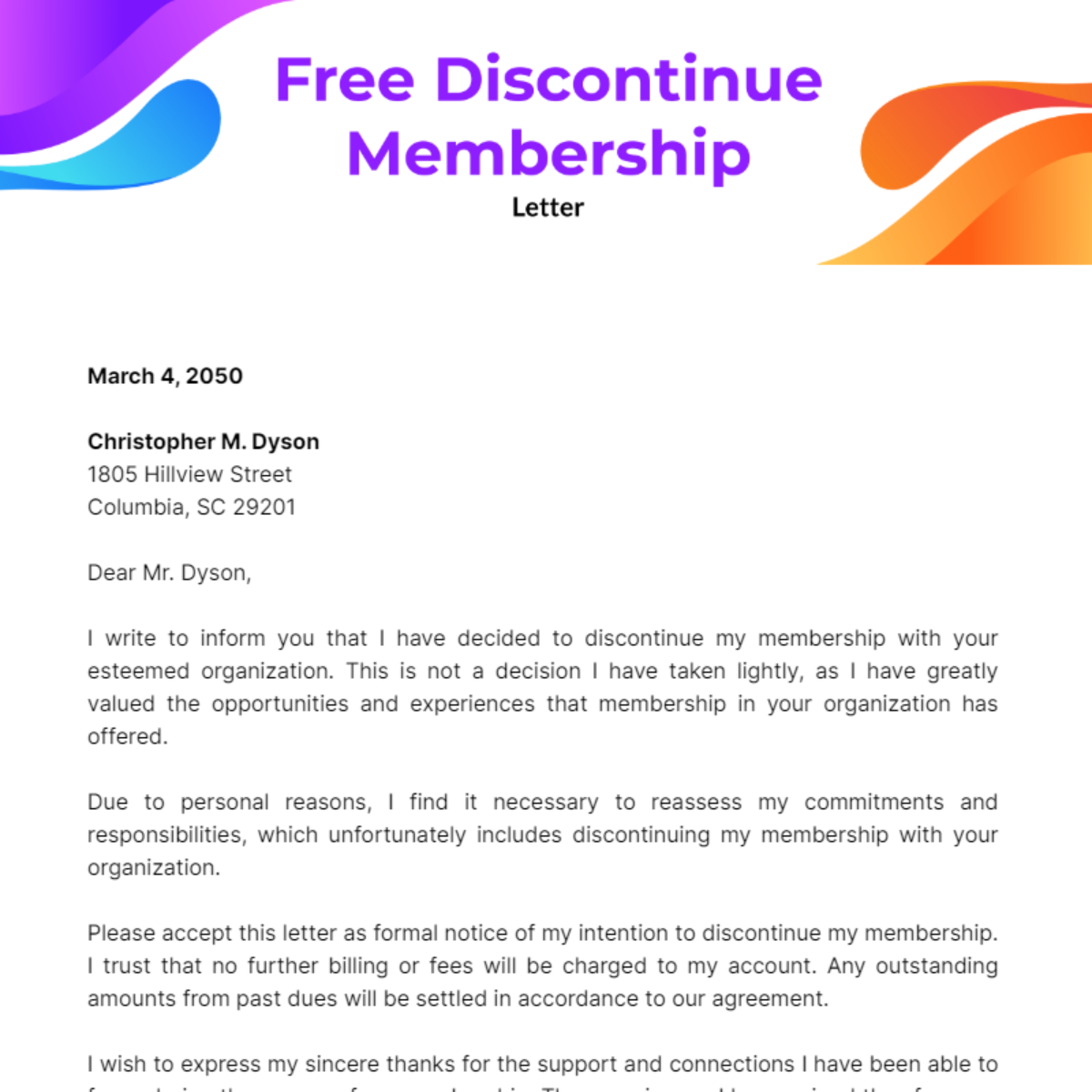 Discontinue Membership Letter Template