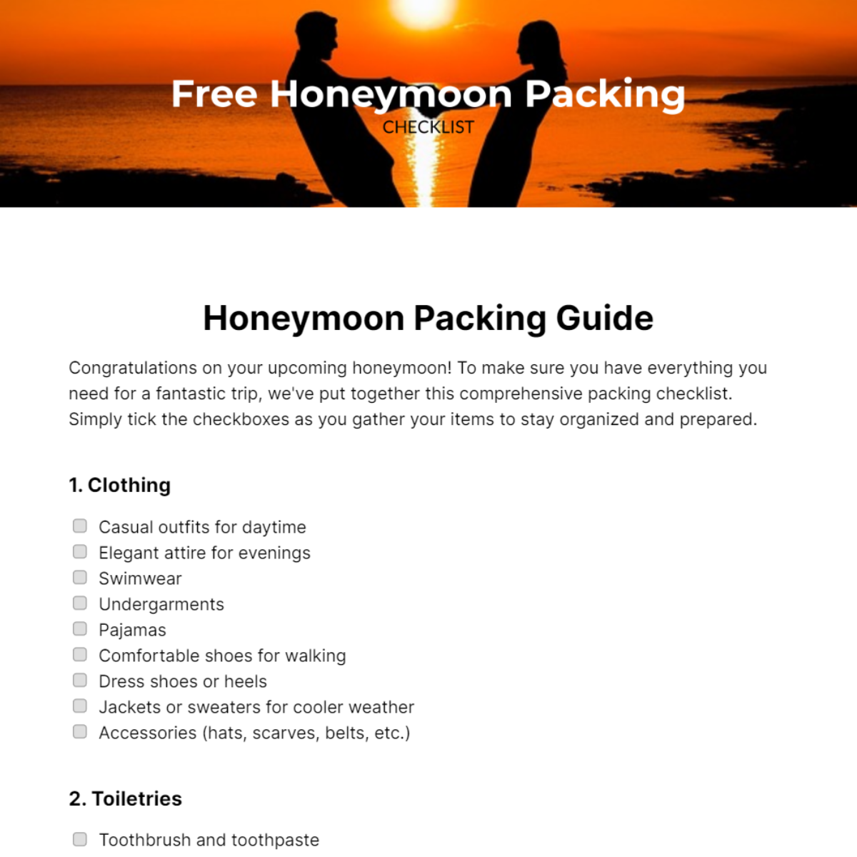 Honeymoon Packing Checklist Template