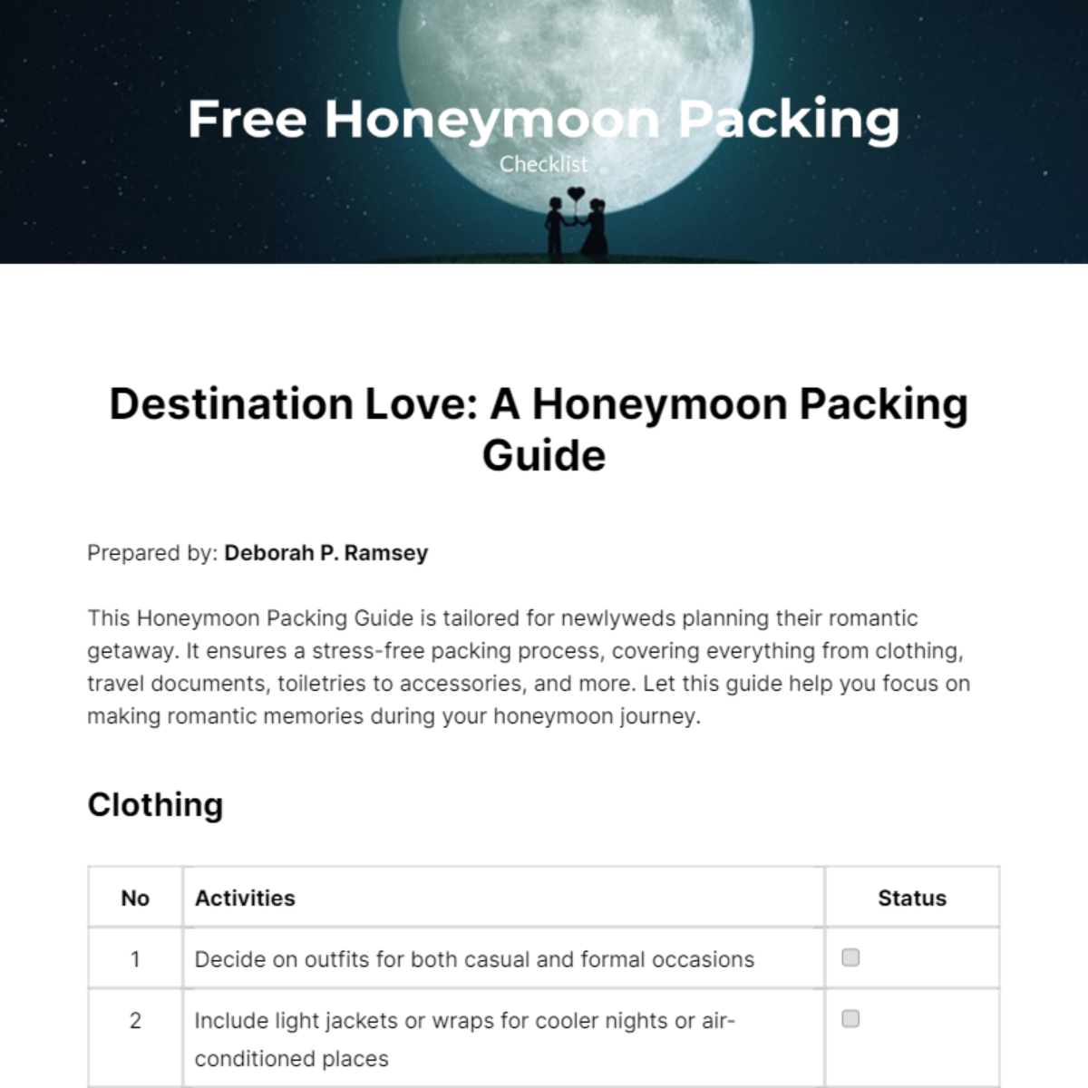 Honeymoon Packing Checklist Template Download 1786