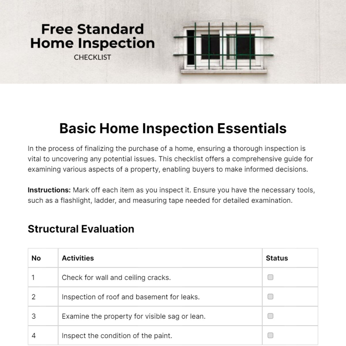 Standard Home Inspection Checklist Template
