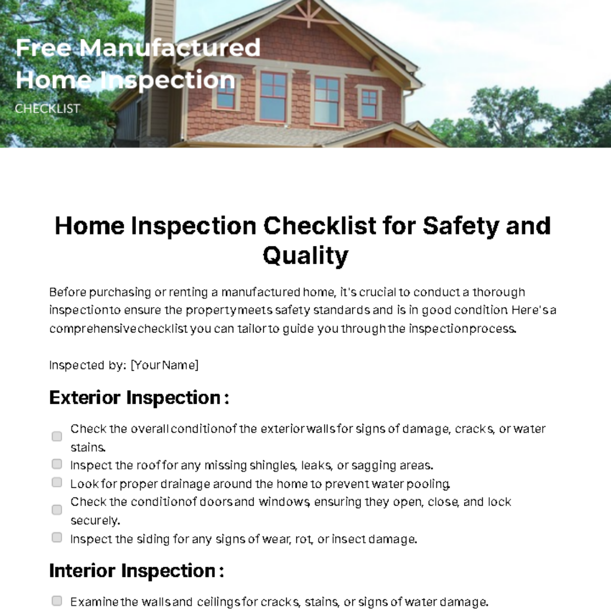 Manufactured Home Inspection Checklist Template