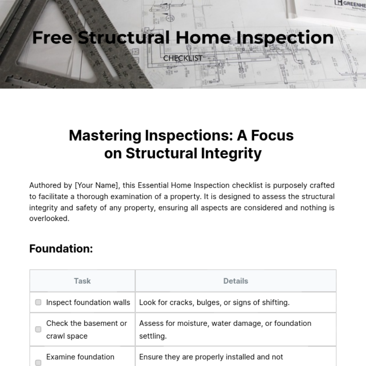 Free Structural Home Inspection Checklist Template