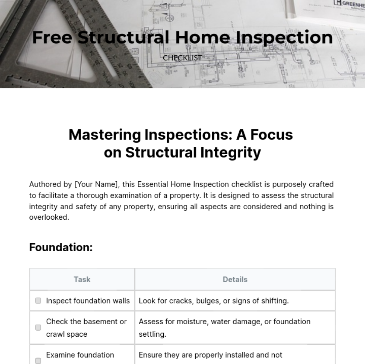 Structural Home Inspection Checklist Template - Edit Online & Download