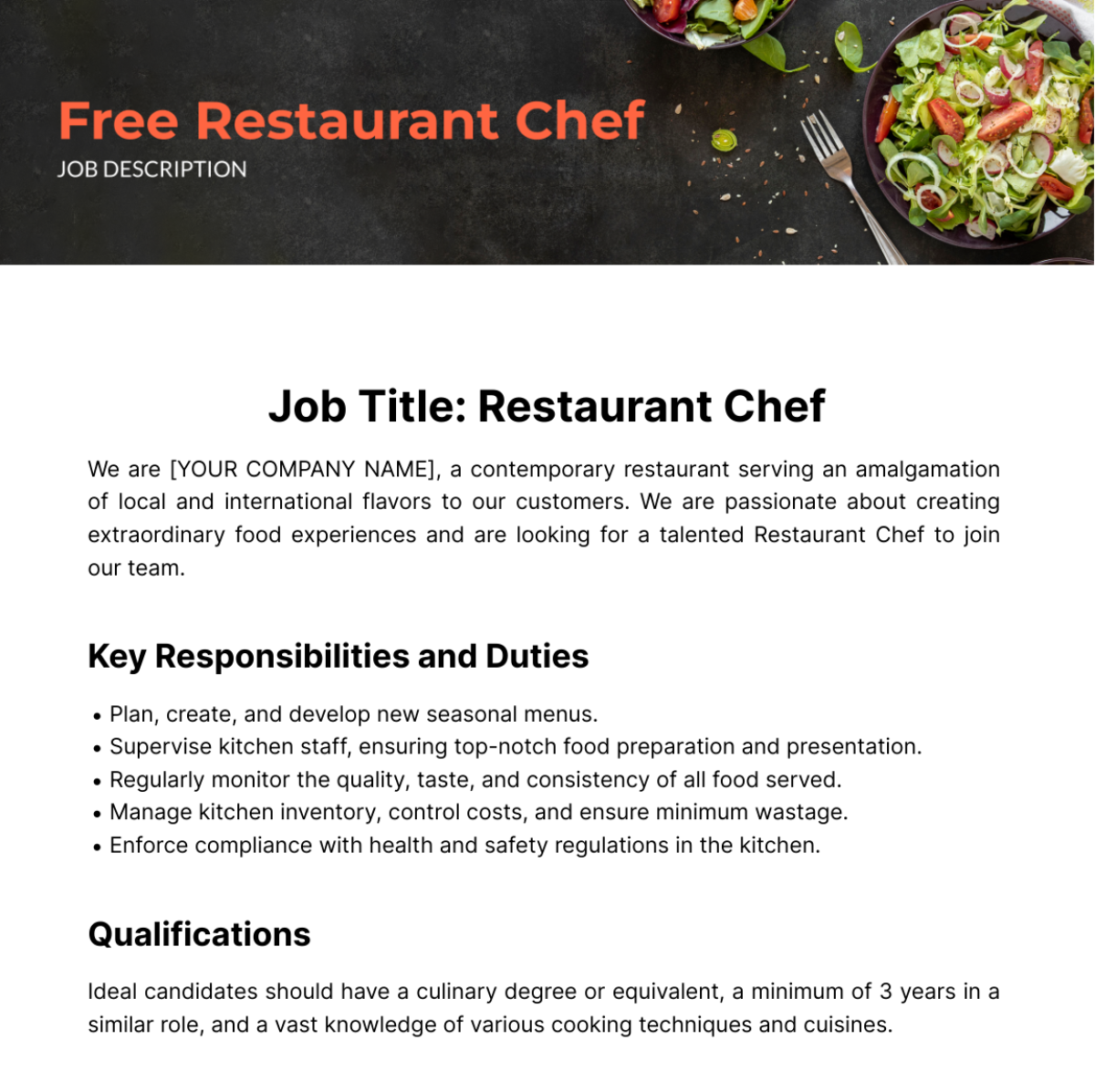 Restaurant Chef Job Description Template