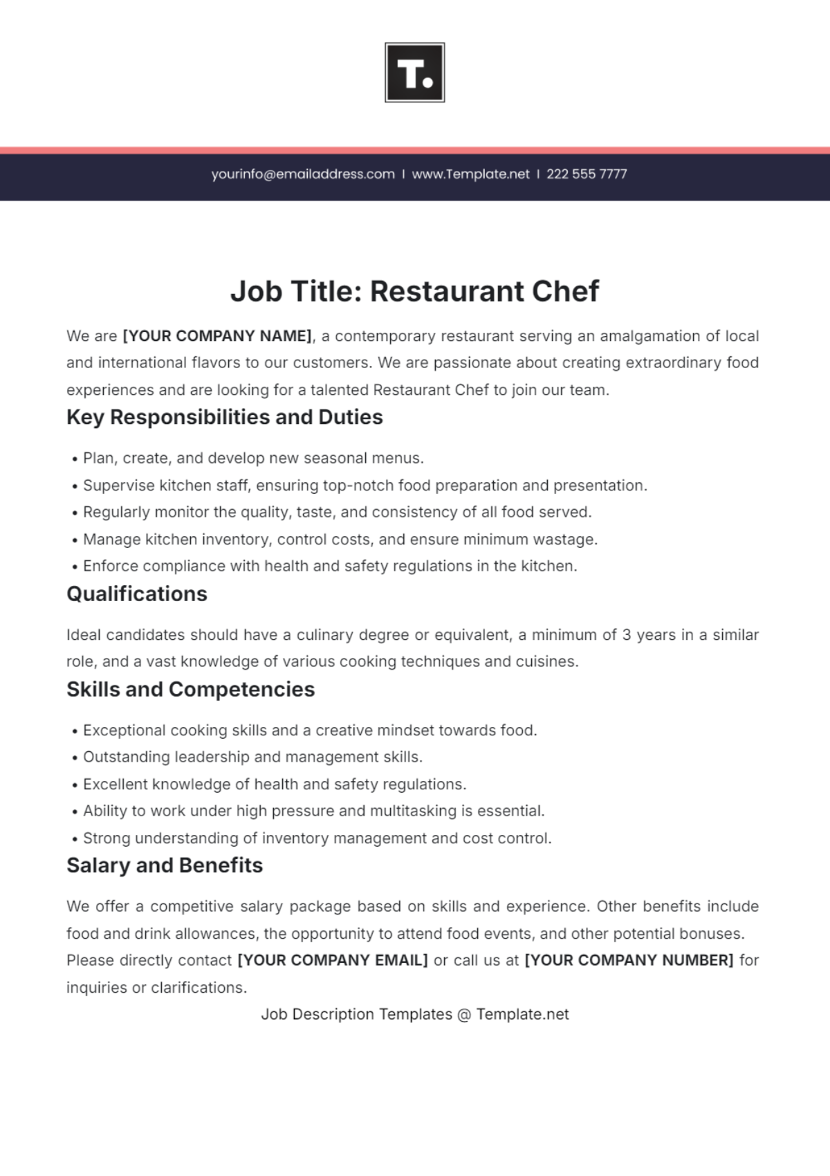 Restaurant Chef Job Description Template - Edit Online & Download