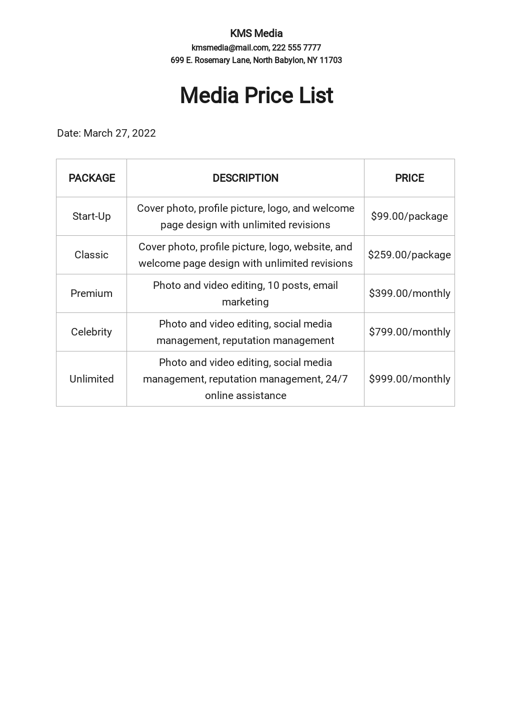 Free Sample Price List Template Google Docs, Word