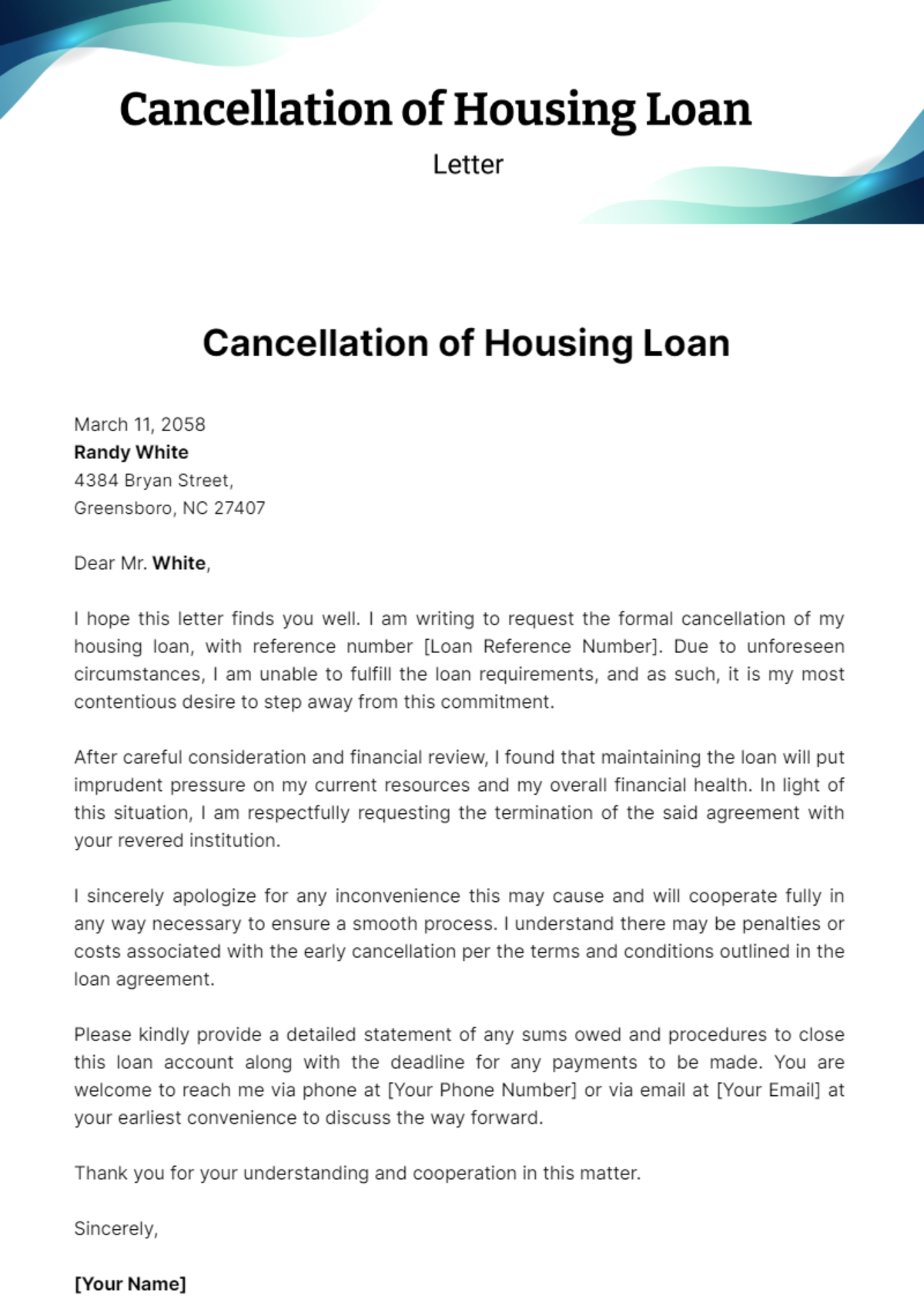 Free Cancellation of Housing Loan Letter Template