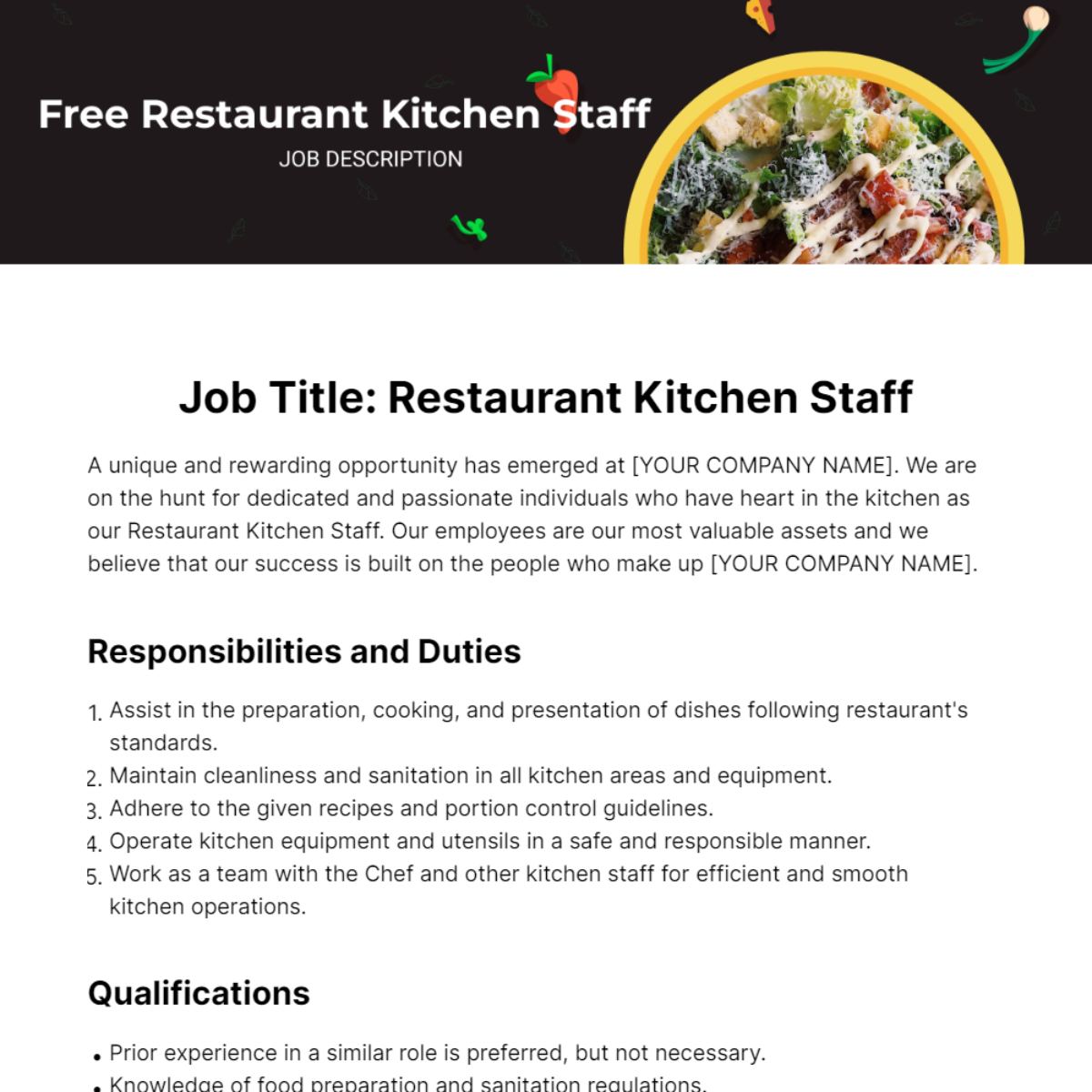 Restaurant Kitchen Staff Job Description Template