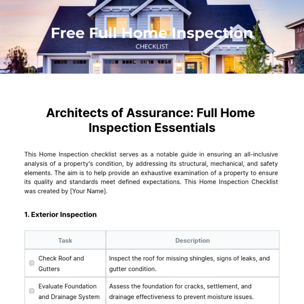 Free Full Home Inspection Checklist Template