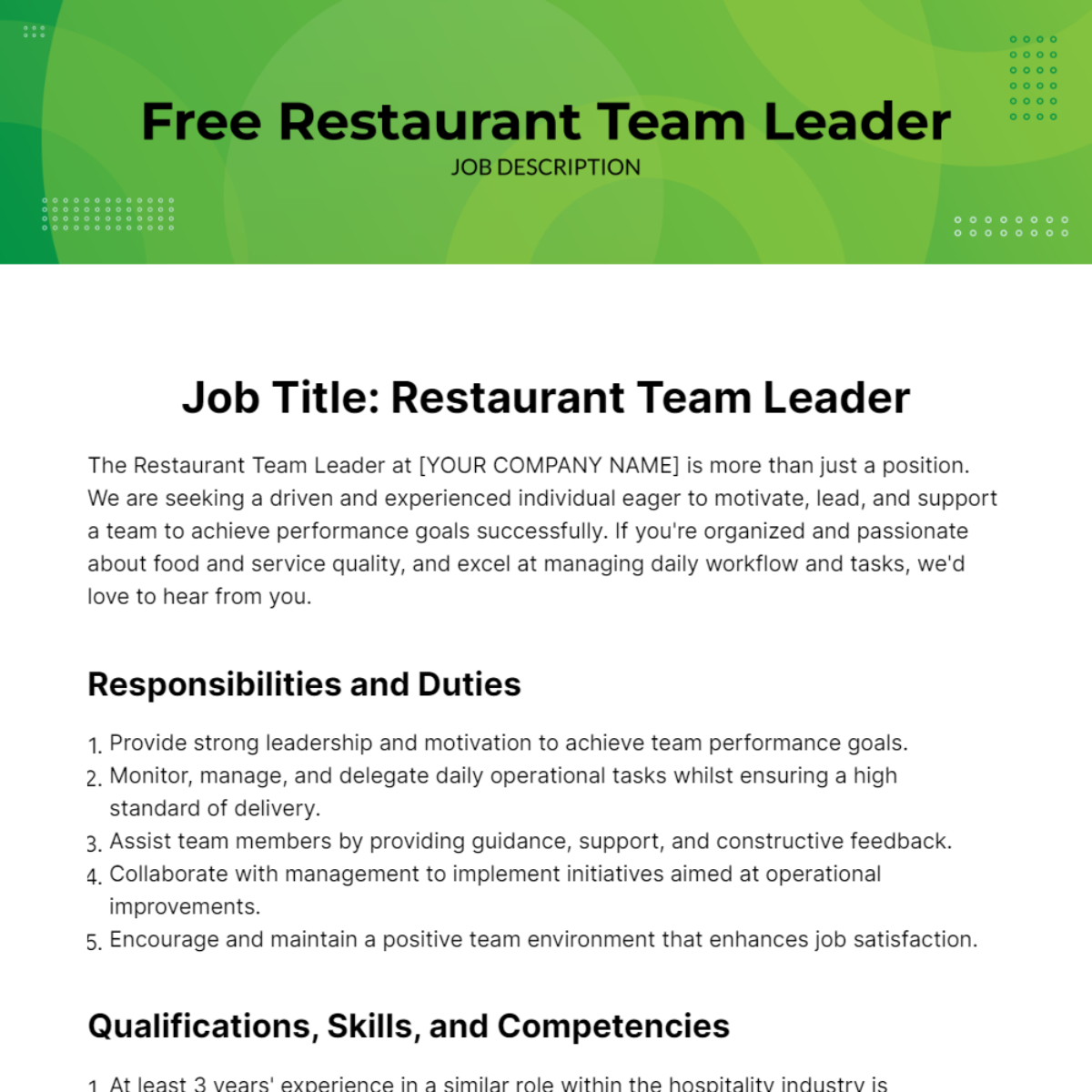 Restaurant Team Leader Job Description Template