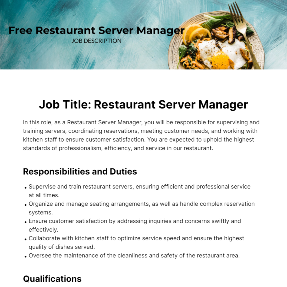 Restaurant Server Manager Job Description Template