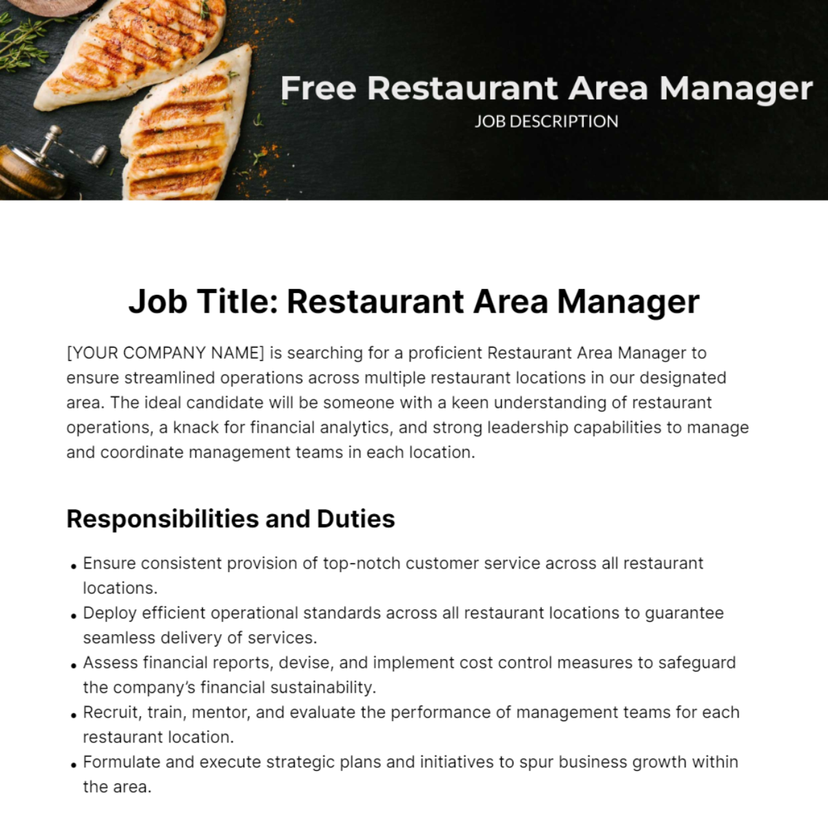 Restaurant Area Manager Job Description Template