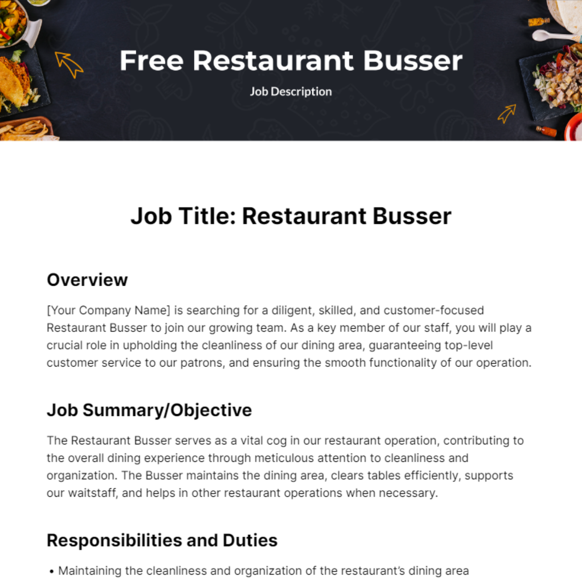 Restaurant Busser Job Description Template