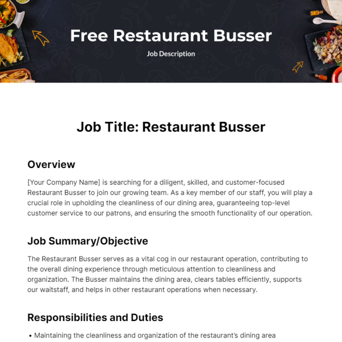 Restaurant Busser Job Description Template Edit Online & Download