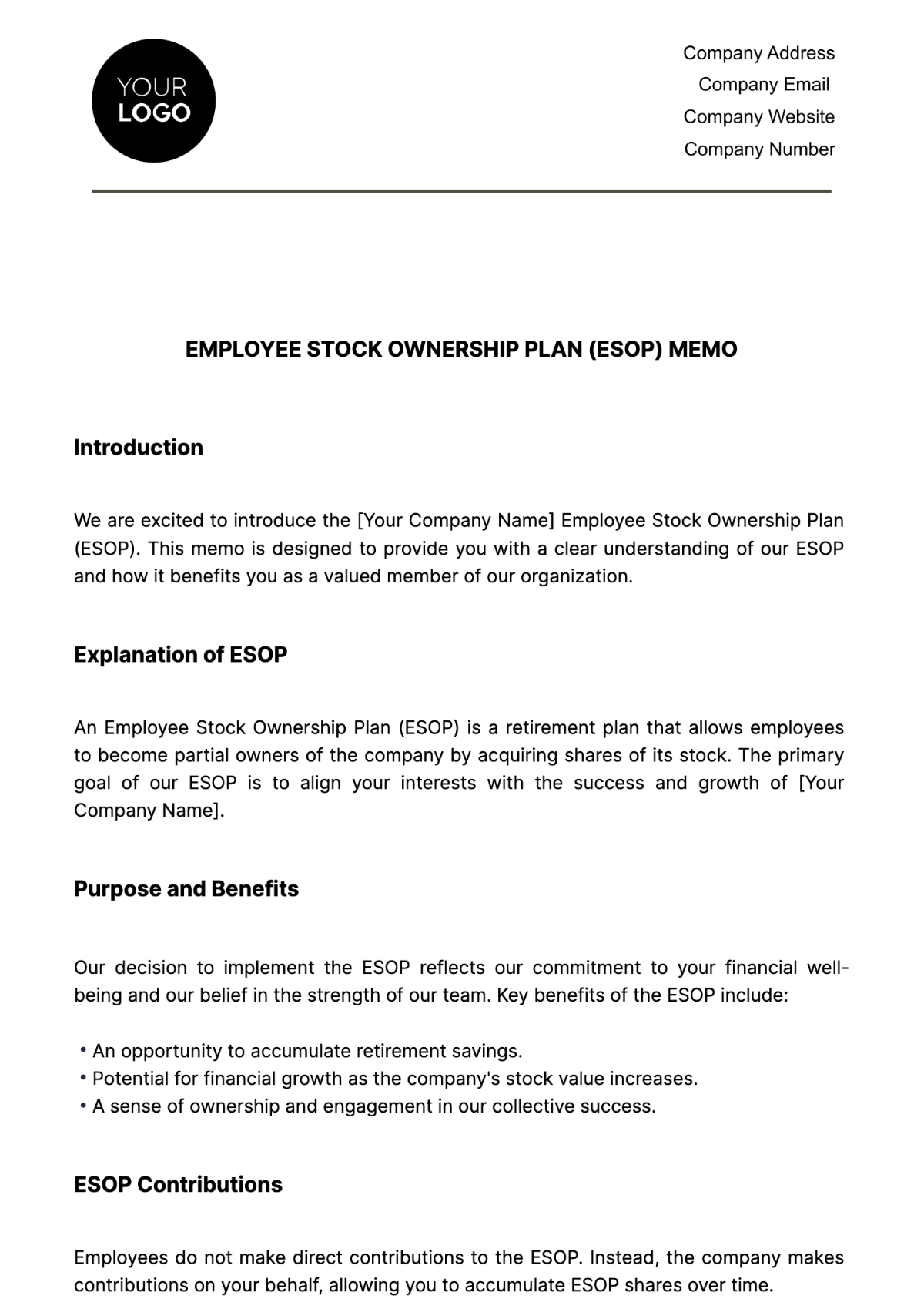 Employee Stock Ownership Plan (ESOP) Memo HR Template - Edit Online & Download