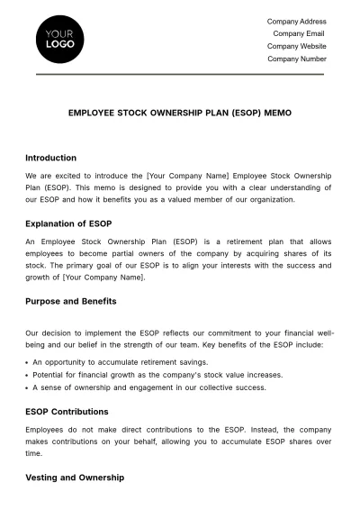 Free Employee Stock Ownership Plan (ESOP) Memo HR Template to Edit Online