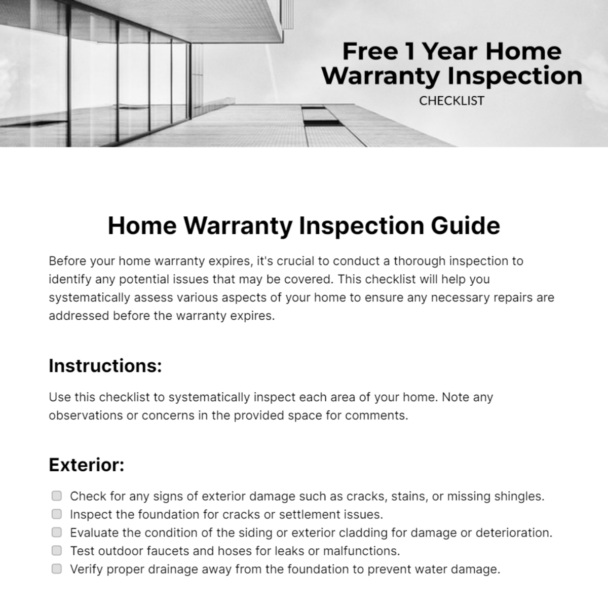 1 Year Home Warranty Inspection Checklist Template